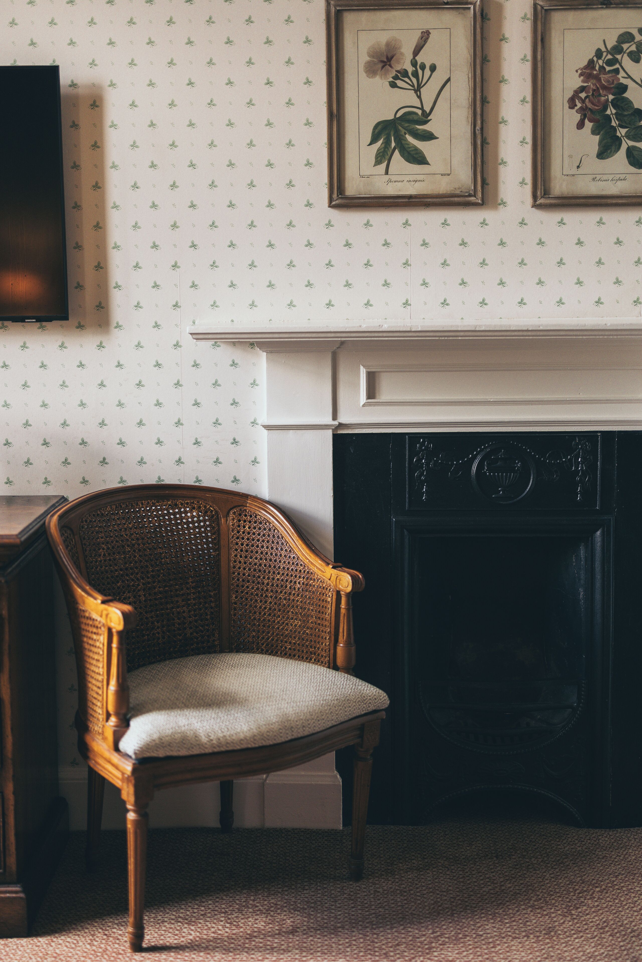A room with a wooden chair, a fireplace, and framed botanical prints on the wall.