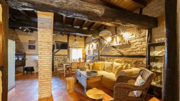 A cozy living room with a sofa, a wicker chair, a coffee table, and a stone wall. - El Tomillar CR (Pasaron de la Vera)