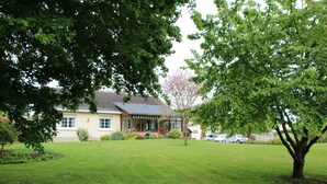 A house with a well-maintained lawn and a large tree in the foreground. - Chambres d'hôtes La Planche Pinçon (Teloché)