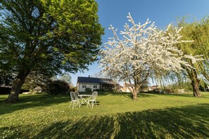 A grassy area with a white metal table and chairs, a large tree with white blossoms, and a house in the background. - Chambres d'hôtes La Planche Pinçon (Teloché)