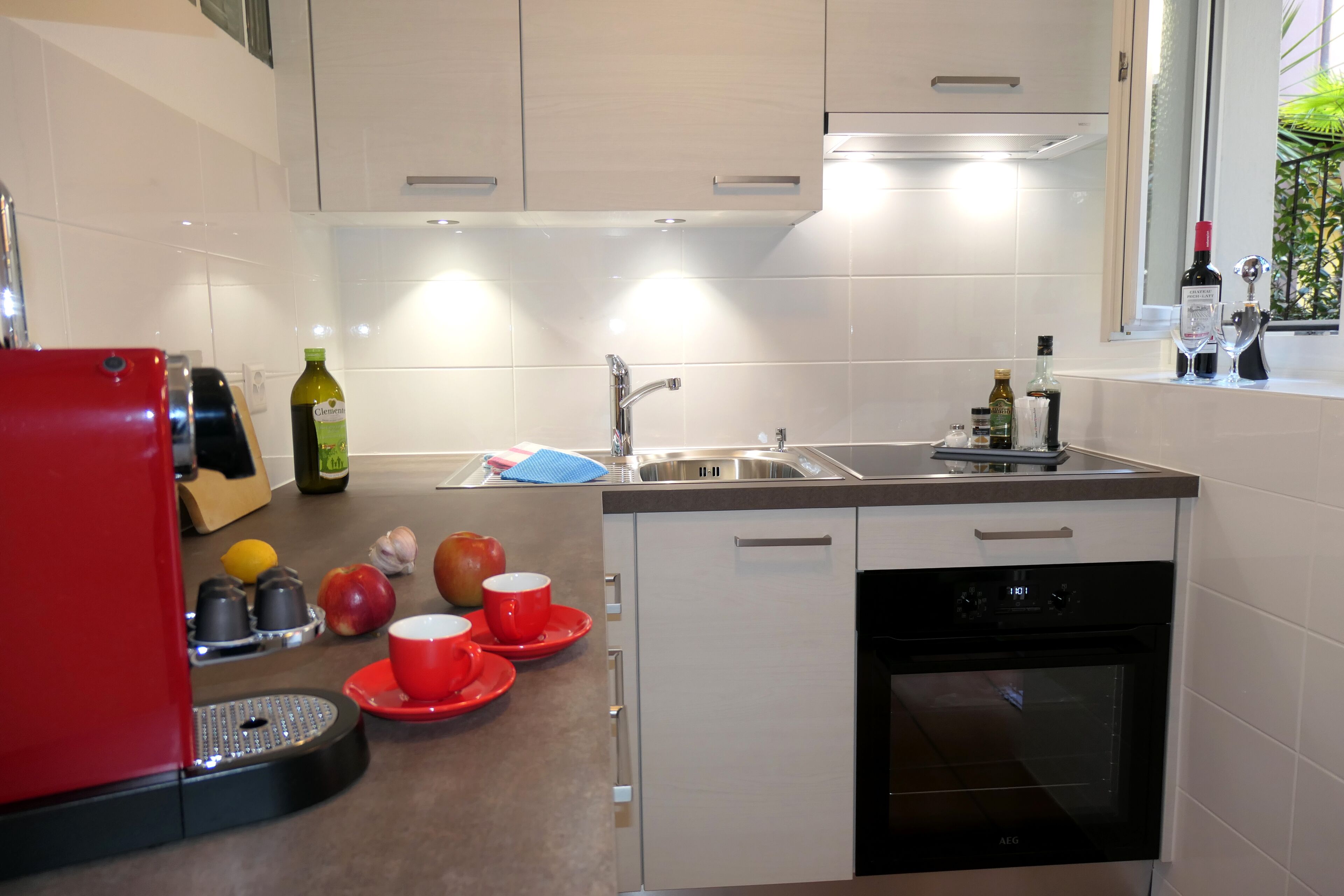 Una cocina moderna con horno integrado, un lavamanos y una ventana con vistas a zonas verdes.