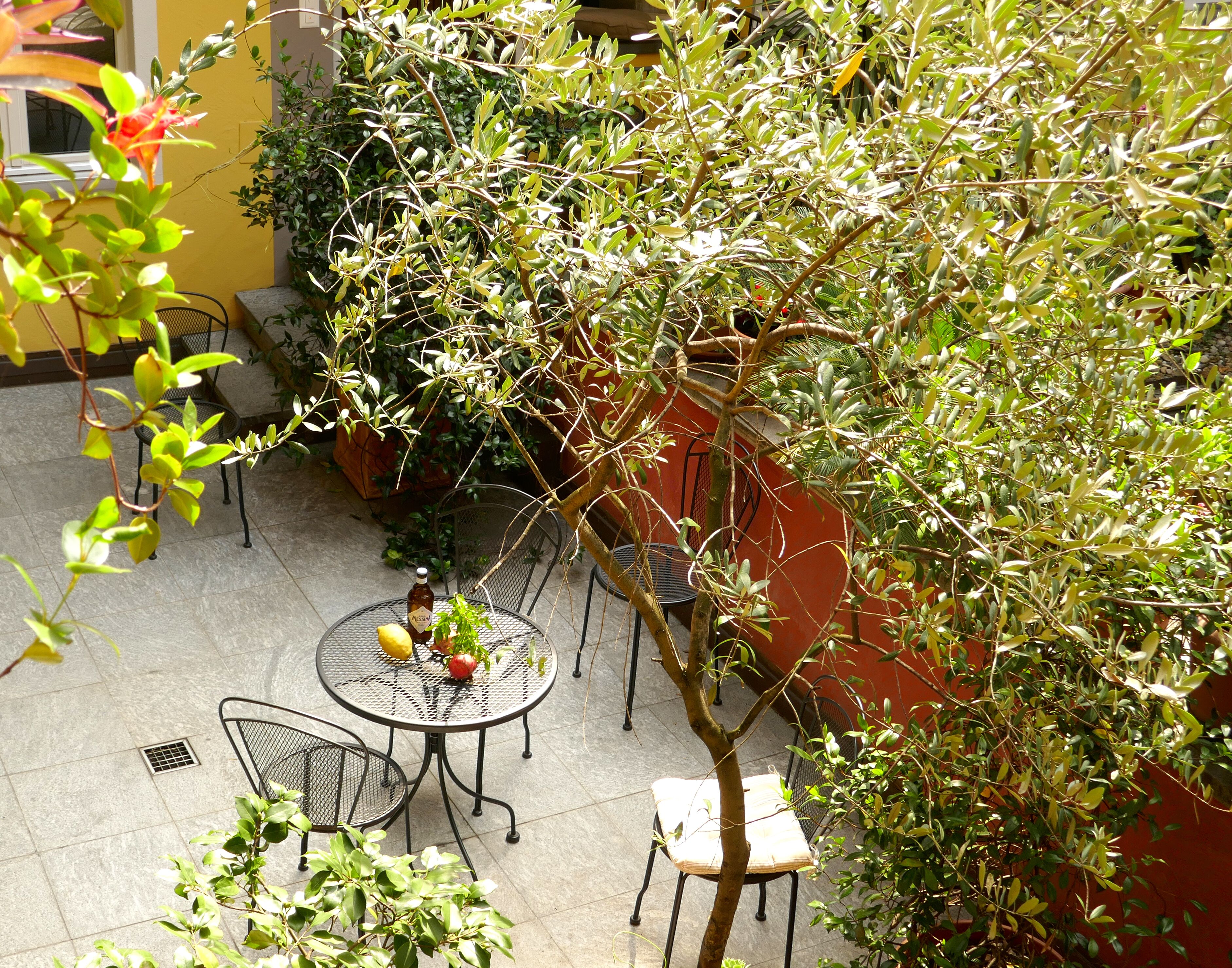 Un patio al aire libre con una mesa metálica redonda y dos sillas, rodeado de plantas en macetas y un árbol.