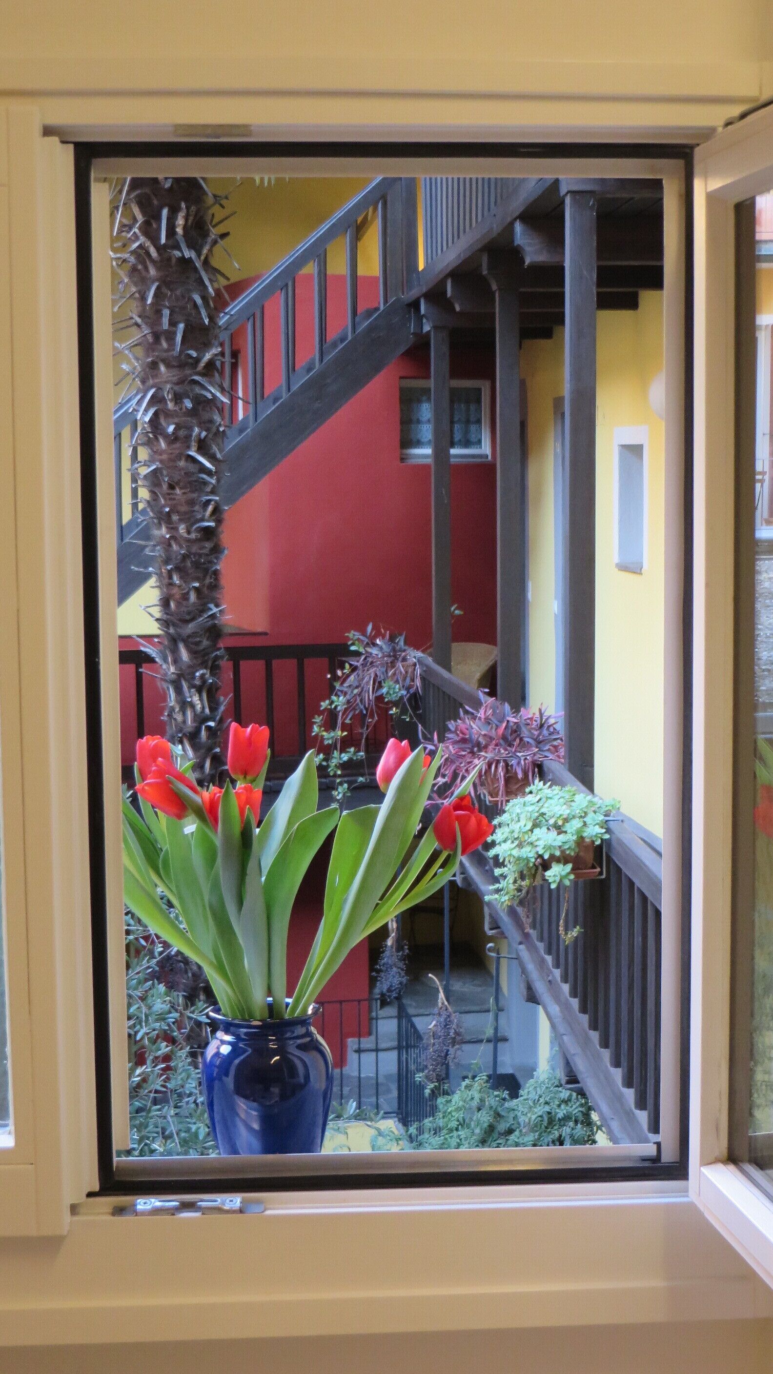 Una ventana con vistas a una escalera, una pared roja y un jarrón azul con flores rojas.