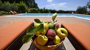 Uitzicht op het zwembad, met een rieten mand met appels en peren op een ligstoel.