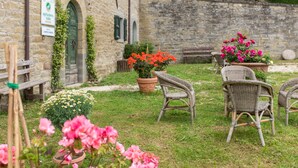 A stone building with a sign indicating 'agriturismo Italia'. There are wicker chairs and potted plants with flowers in the garden area.
