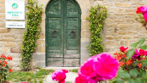 A stone building with a green wooden door, signs for 'agriturismo Italia' and 'L'ANTICO FRUTTO', and potted plants with flowers.
