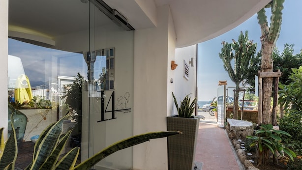 A modern hotel entrance with glass doors, a number '14' sign, potted plants, and a view of the street. - 14 Leoni (Salerno)