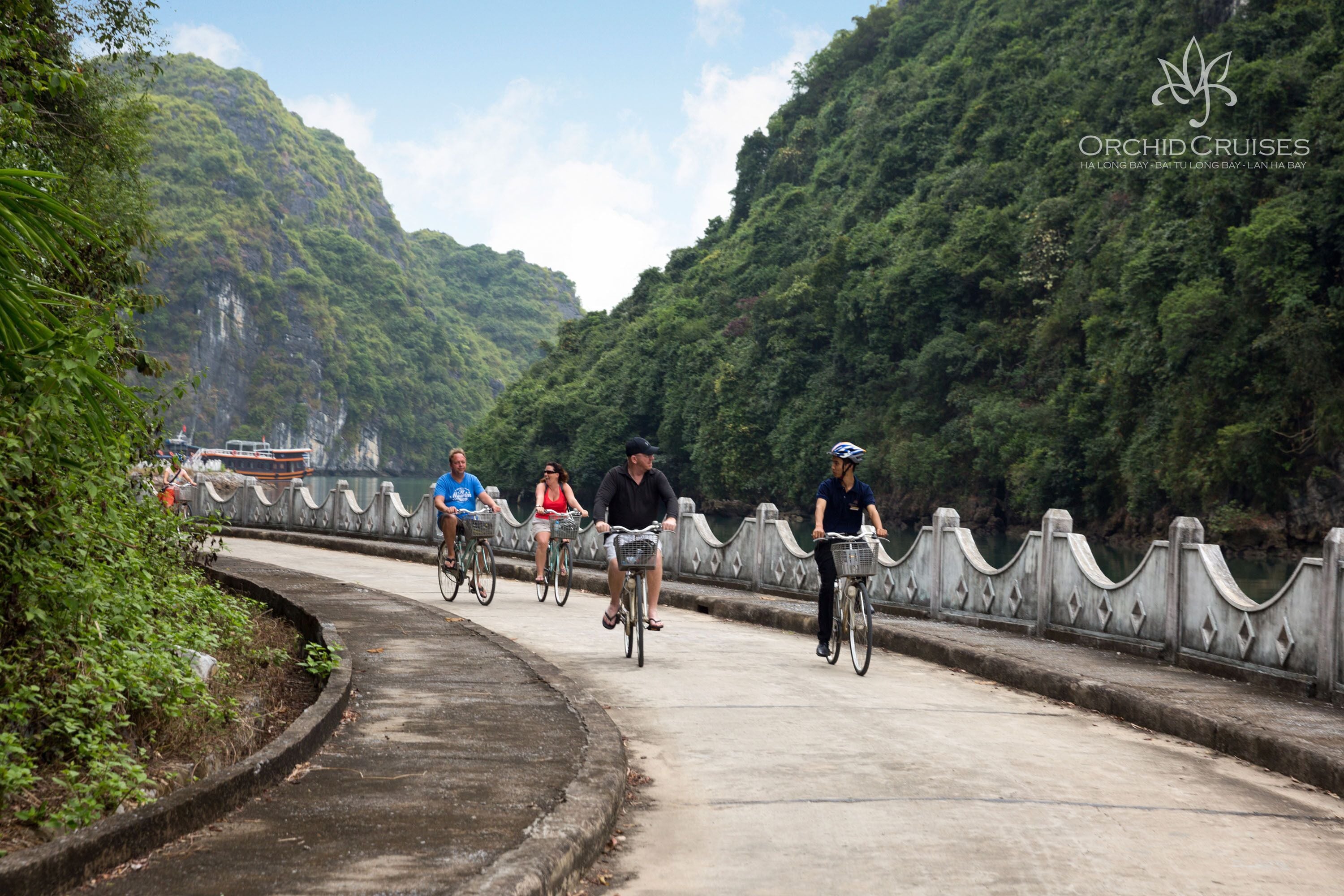 A paved pathway with cyclists, surrounded by lush greenery and a mountainous backdrop.