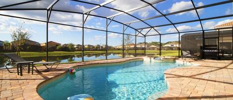 Seasonal outdoor pool, pool umbrellas, pool loungers