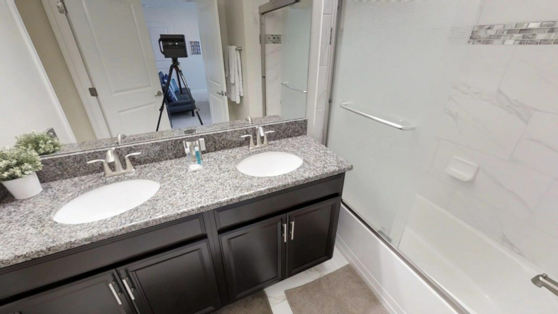 Une salle de bain moderne avec deux vasques, des meubles de rangement aux couleurs sombres et un espace douche.