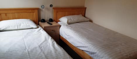 Two single beds with wooden headboards, a small wooden nightstand with two black lamps, and a plain white wall.