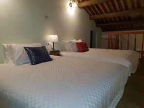 A hotel room with two beds, each with white bedding and decorative pillows. There is a wooden ceiling and a wall-mounted lamp. - Mount Tai Wu Cozy (Jinhu)