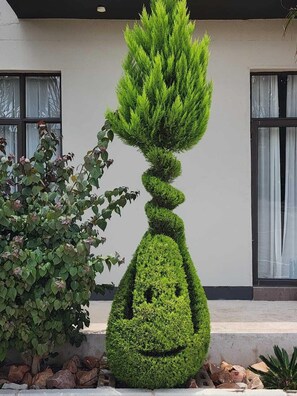 Escultura topiaria con forma de rostro sonriente en una maceta, ubicada en una zona ajardinada con un edificio al fondo.