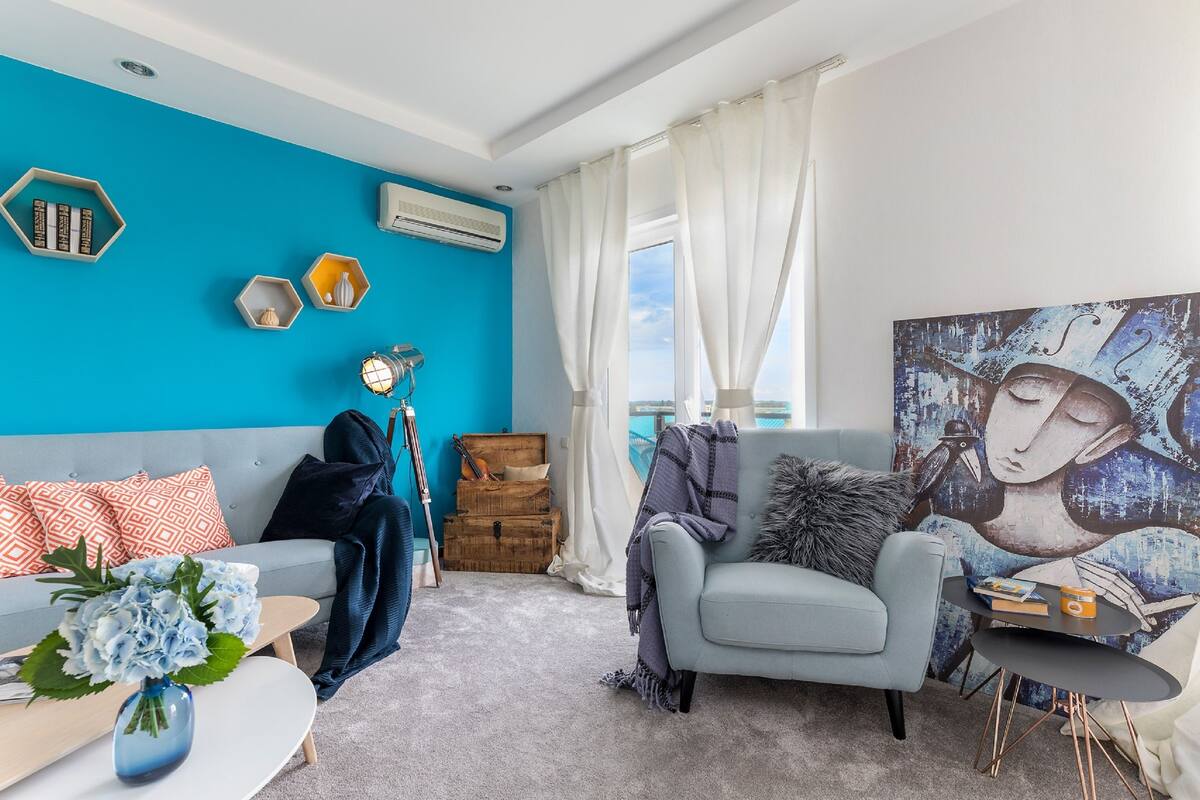 Family Apartment, Accessible | Living room | 160-cm Smart TV with digital channels, TV, fireplace