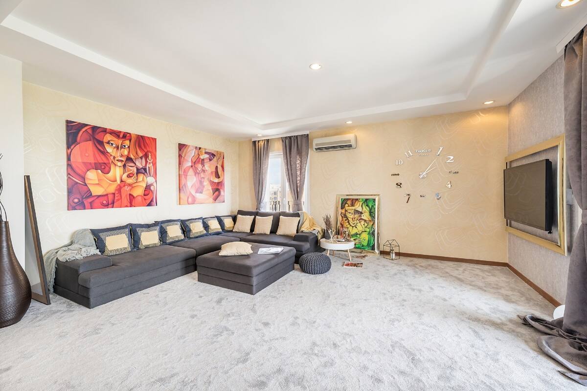 Deluxe Apartment, 2 Bedrooms, Balcony, Pool View | Living room | 160-cm Smart TV with digital channels, TV, fireplace