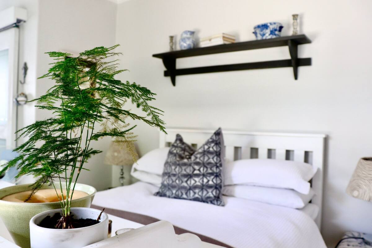 Ein Schlafzimmer mit einem Bett, einem Nachttisch, einer Lampe, einem Regal mit Dekoration und einer Zimmerpflanze.
