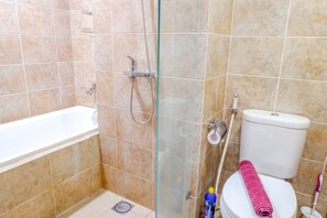 Une salle de bain avec une baignoire, des toilettes et une douche.