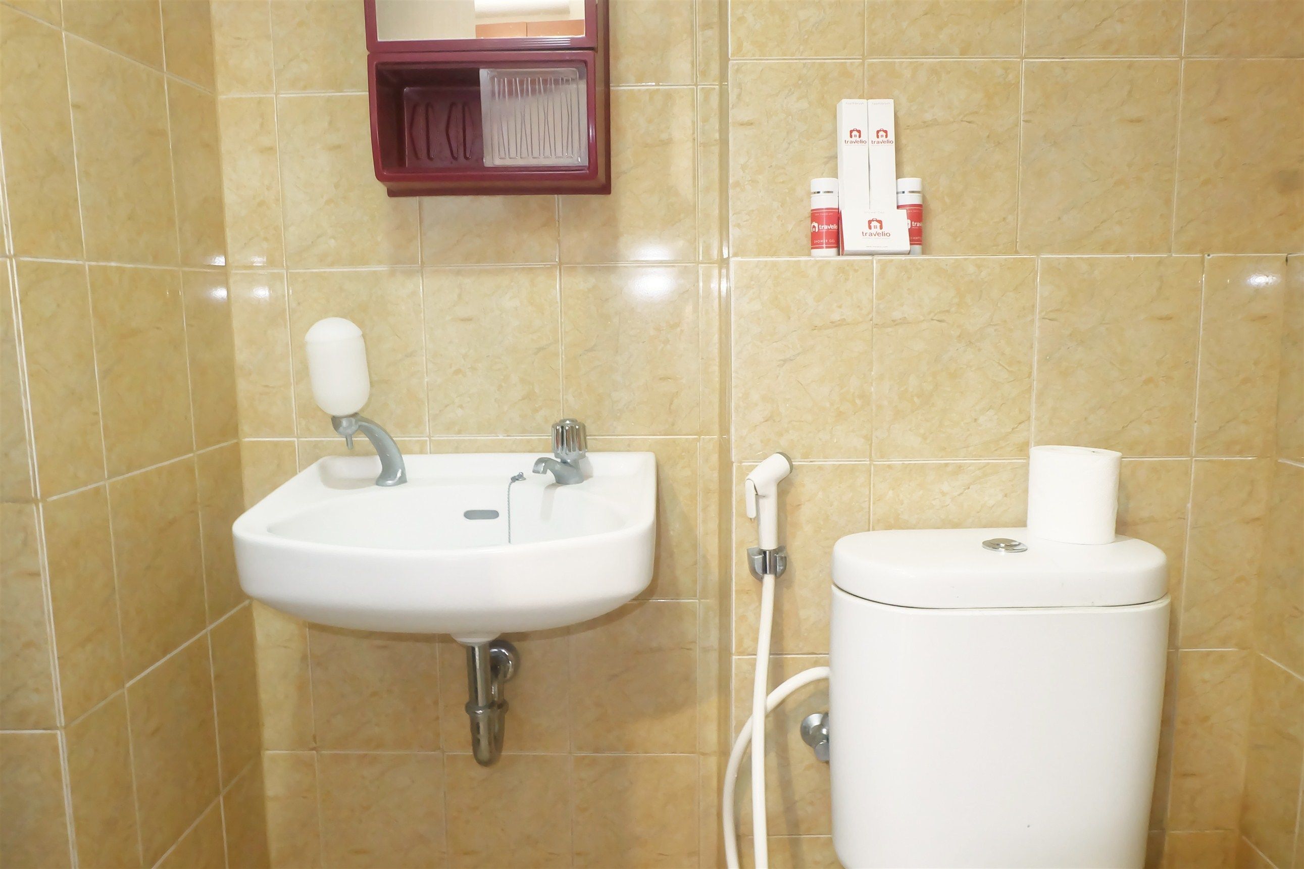 Ein Badezimmer mit weißem Waschbecken, Toilette und Ablage für Pflegeprodukte.
