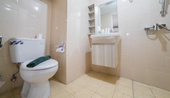 A bathroom with a toilet, a sink, and a shower area.