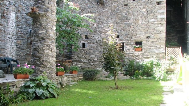 A courtyard with a stone wall, a small tree, and potted plants. - b&b Vecchio Torchio (Bard)