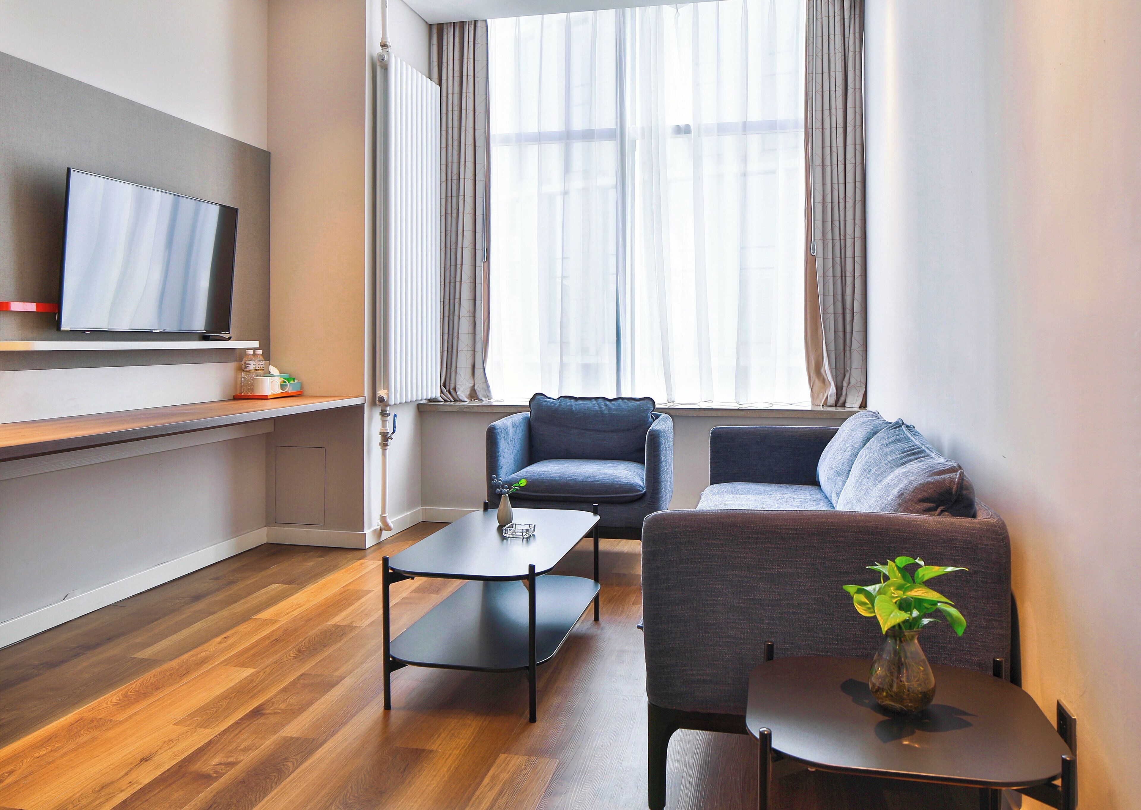 A modern living room with a flat-screen TV, a sofa, a chair, a coffee table, and a small table with a plant.