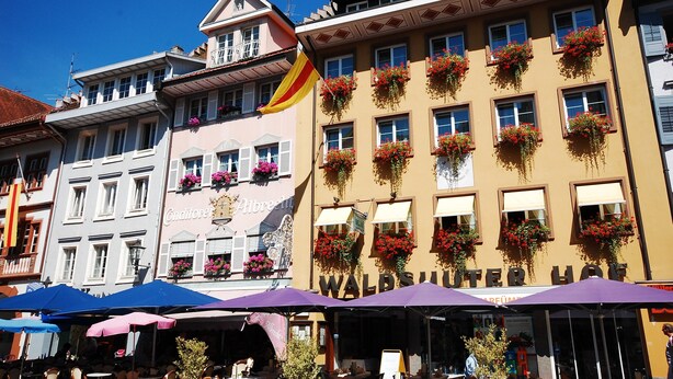 A building with multiple windows, some with flower boxes, and a sign that reads "WALPSHUTER HO". - Waldshuter Hof (Waldshut-Tiengen)