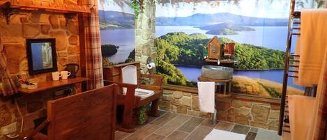 Shower, hydromassage showerhead, free toiletries, hair dryer