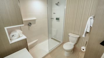 Een moderne badkamer met een glazen douchecabine, een toilet en een witte wastafel.