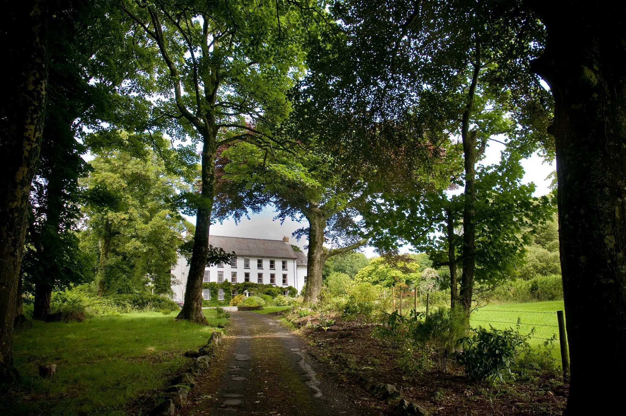 A pathway leading to a white building surrounded by lush greenery.