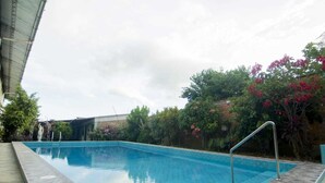 A swimming pool with a stone border, surrounded by lush greenery and flowering plants.
