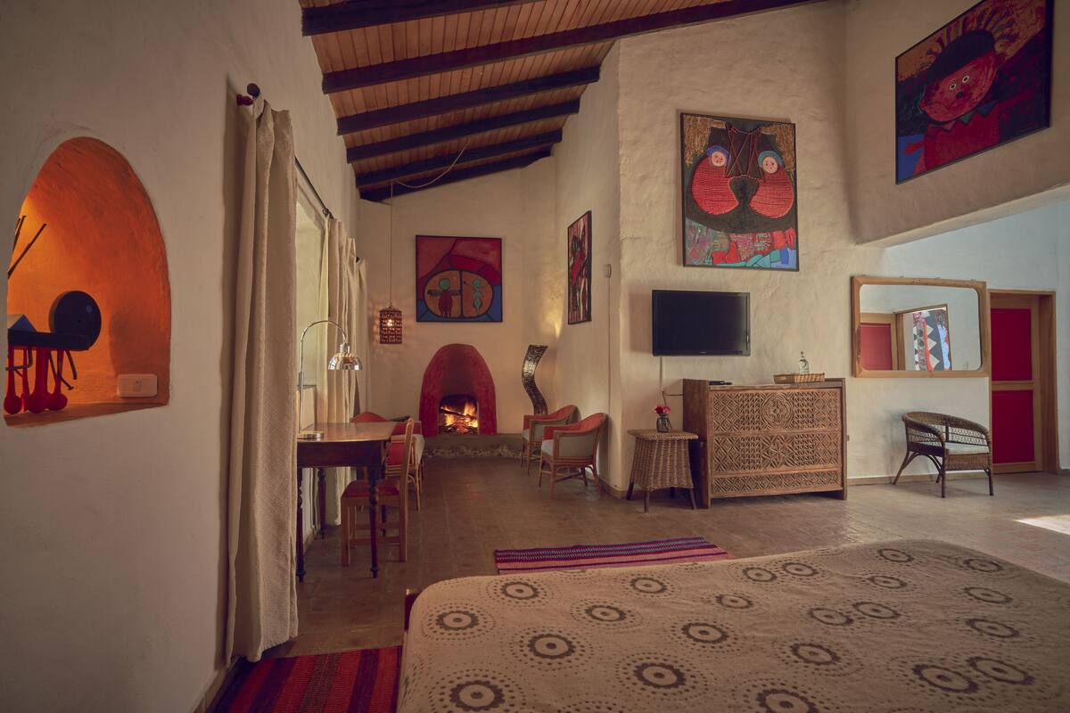 Een knus ingerichte kamer met een open haard, kunstwerken aan de muur, een televisie en een bed met decoratieve beddengoed.