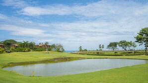 Ein Golfplatz mit Teich, Palmen und Blick auf den Ozean.