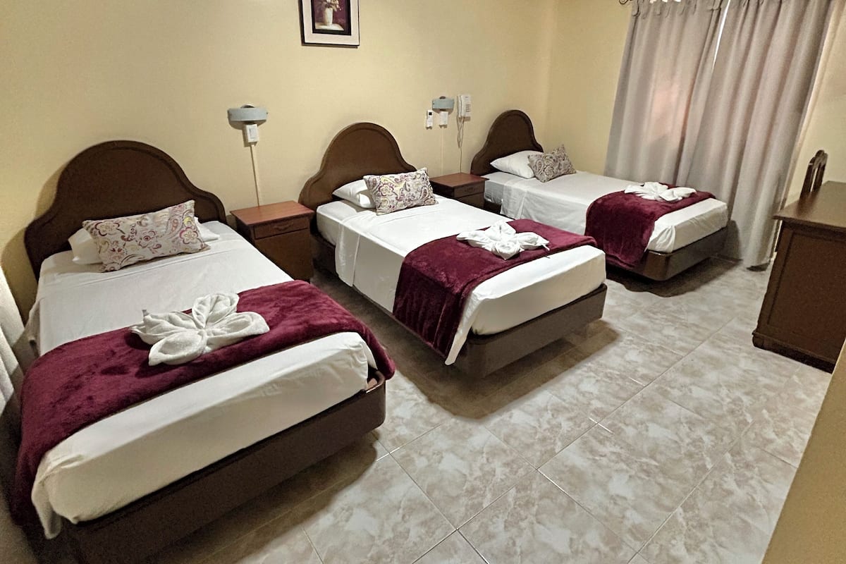 A hotel room with three beds, each with a headboard, white linens, and a decorative pillow. There is a wall-mounted light fixture and a framed picture above the beds.