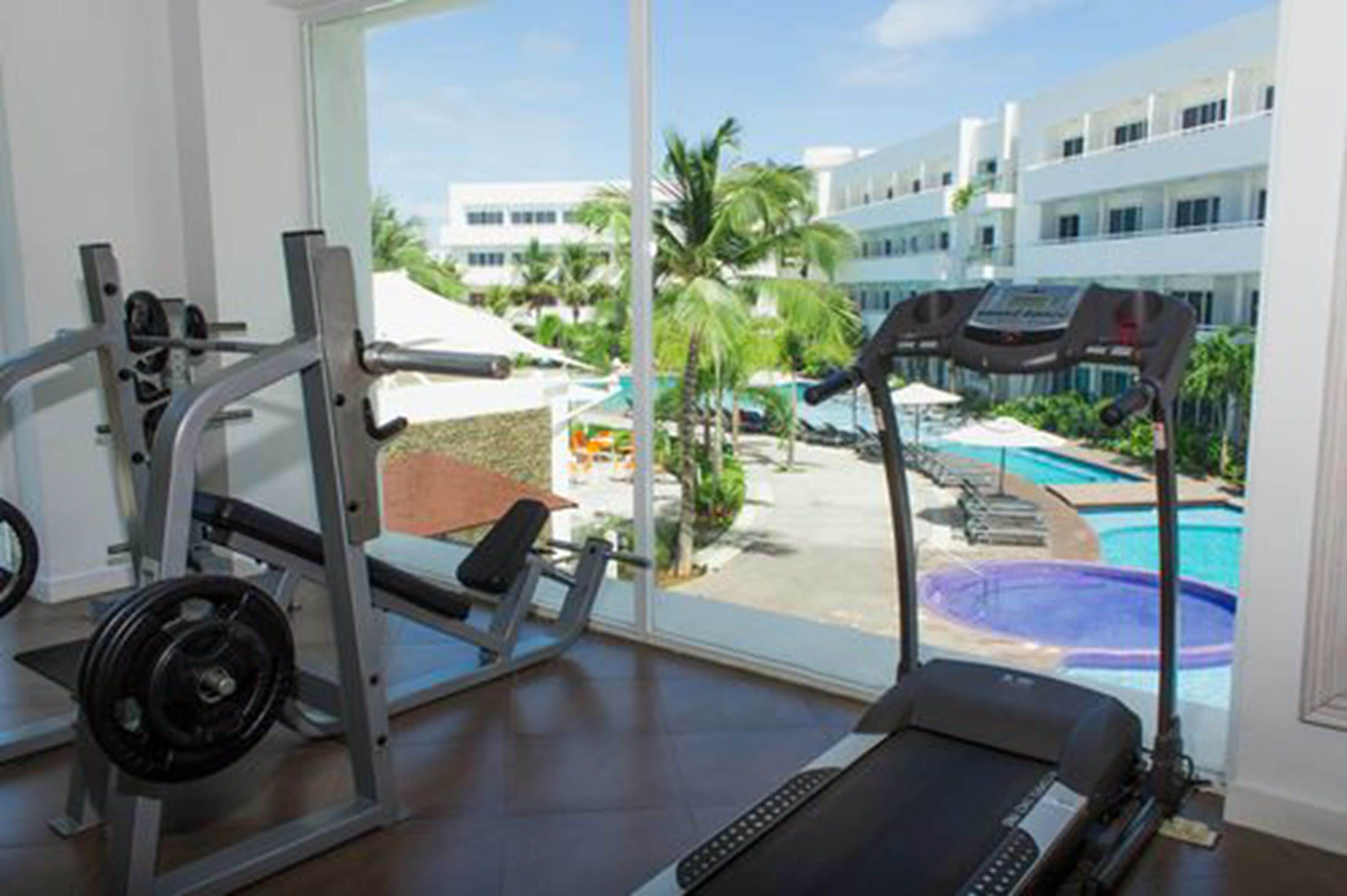 A gym with cardio equipment and a treadmill, overlooking a pool and palm trees.