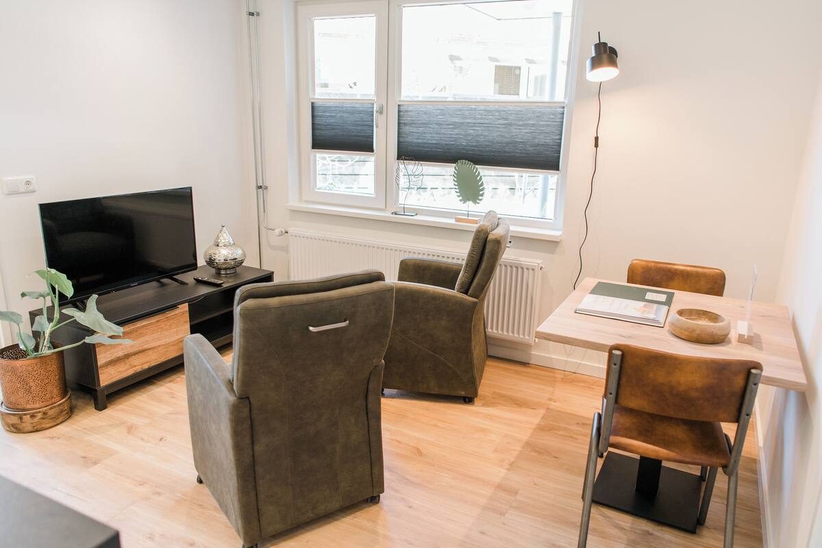 A modern living room with a flat-screen TV, two sofas, a dining table, and a potted plant.