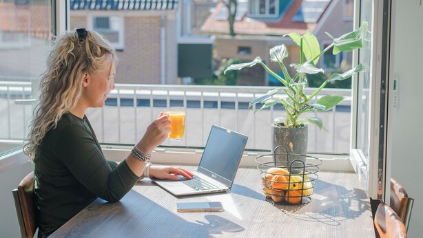 A person at a table with a laptop, a glass of orange juice, and a basket of oranges. - De Vlindertuin Ameland (Nes)