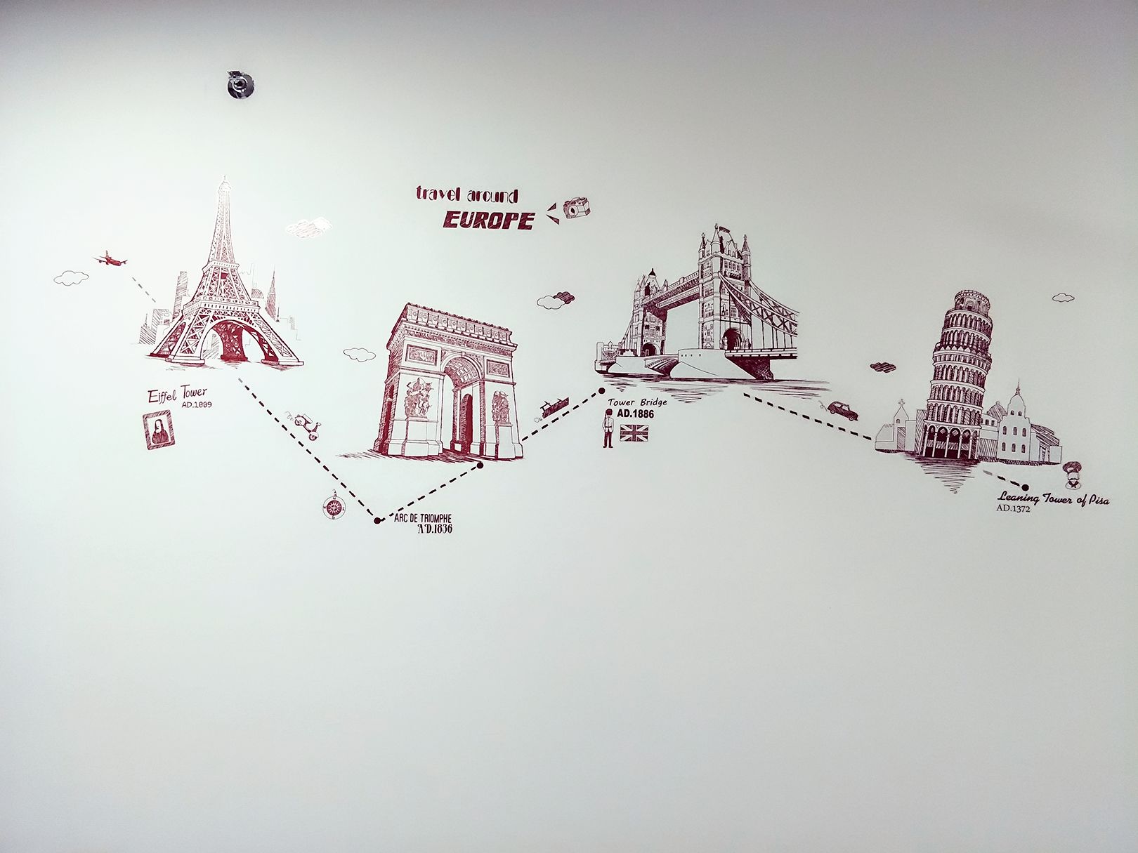 A travel-themed illustration featuring the Eiffel Tower, Arc de Triomphe, Tower Bridge, and Leaning Tower of Pisa, with dates indicating their construction.
