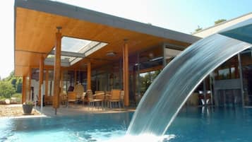 Indoor pool, outdoor pool, pool loungers