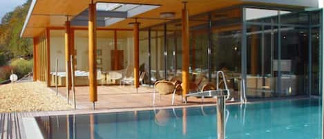 Indoor pool, outdoor pool, sun loungers