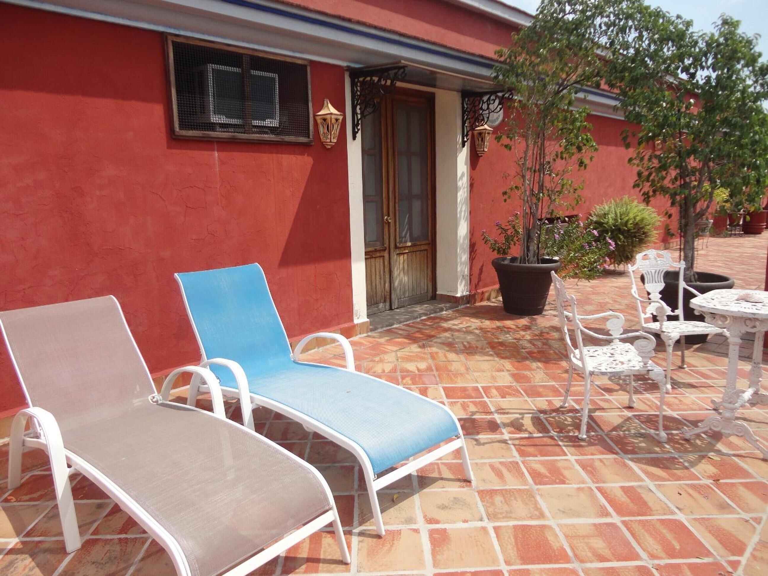 A patio with lounge chairs and tables, a potted plant, and a building with a red wall and a window.