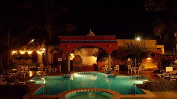 Outdoor pool, open 8 AM to 9 PM, pool umbrellas, pool loungers