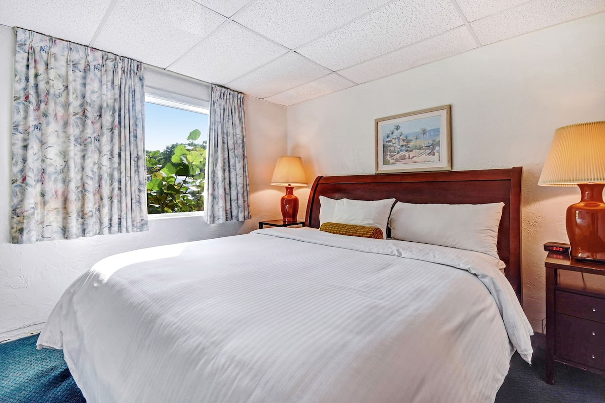 A hotel room with a large bed, two bedside tables, a window with curtains, a wall-mounted lamp, and a framed picture.