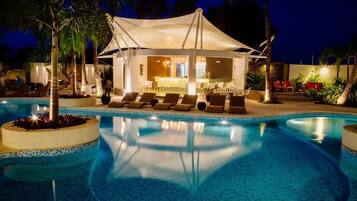 Outdoor pool, pool umbrellas, pool loungers