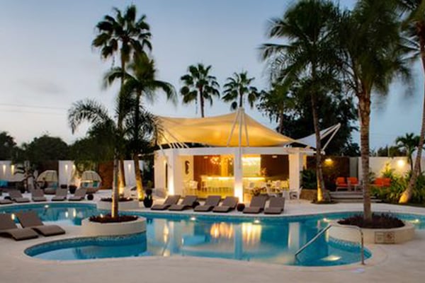 Outdoor pool, pool umbrellas, sun loungers