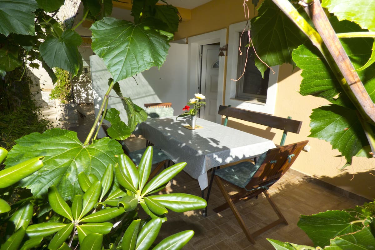 An outdoor patio with a table and chairs, surrounded by large green plants and a window.