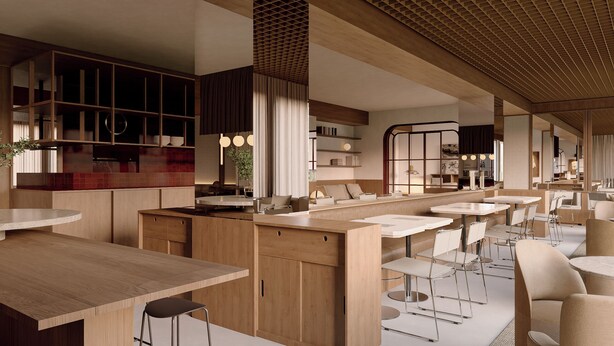 A modern restaurant with wooden furniture, a central bar area, and a high ceiling with a geometric pattern. - Hotel Medium Montecarlo  (Llafranc)