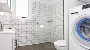 Combined shower/tub, hair dryer