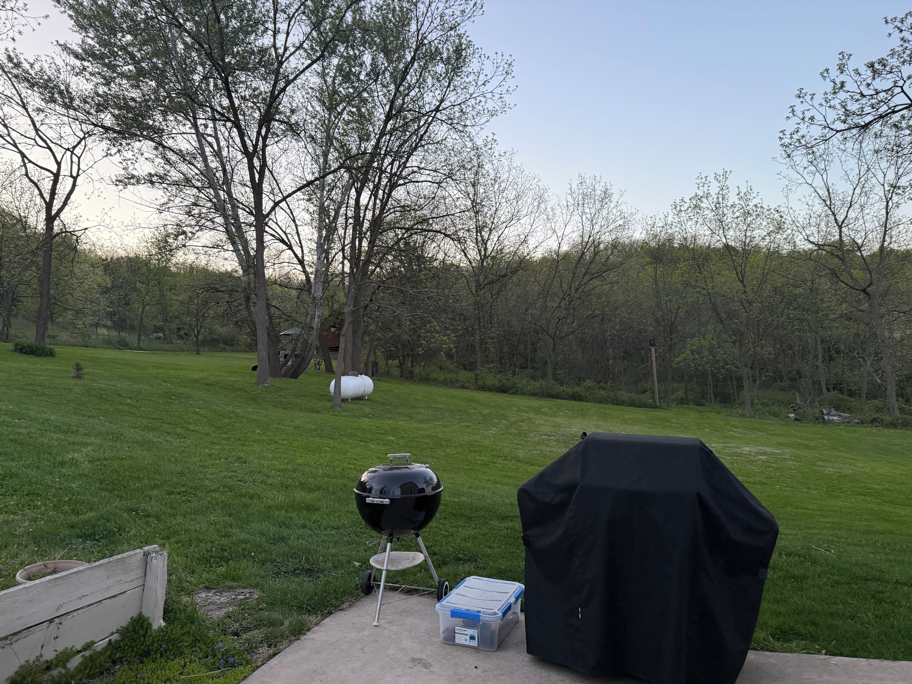 A backyard with a barbecue grill, a covered grill, and a storage container.