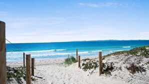 A sandy beach with wooden posts and sparse vegetation. - Walk to Suft Beach on Boyd (WOORIM)