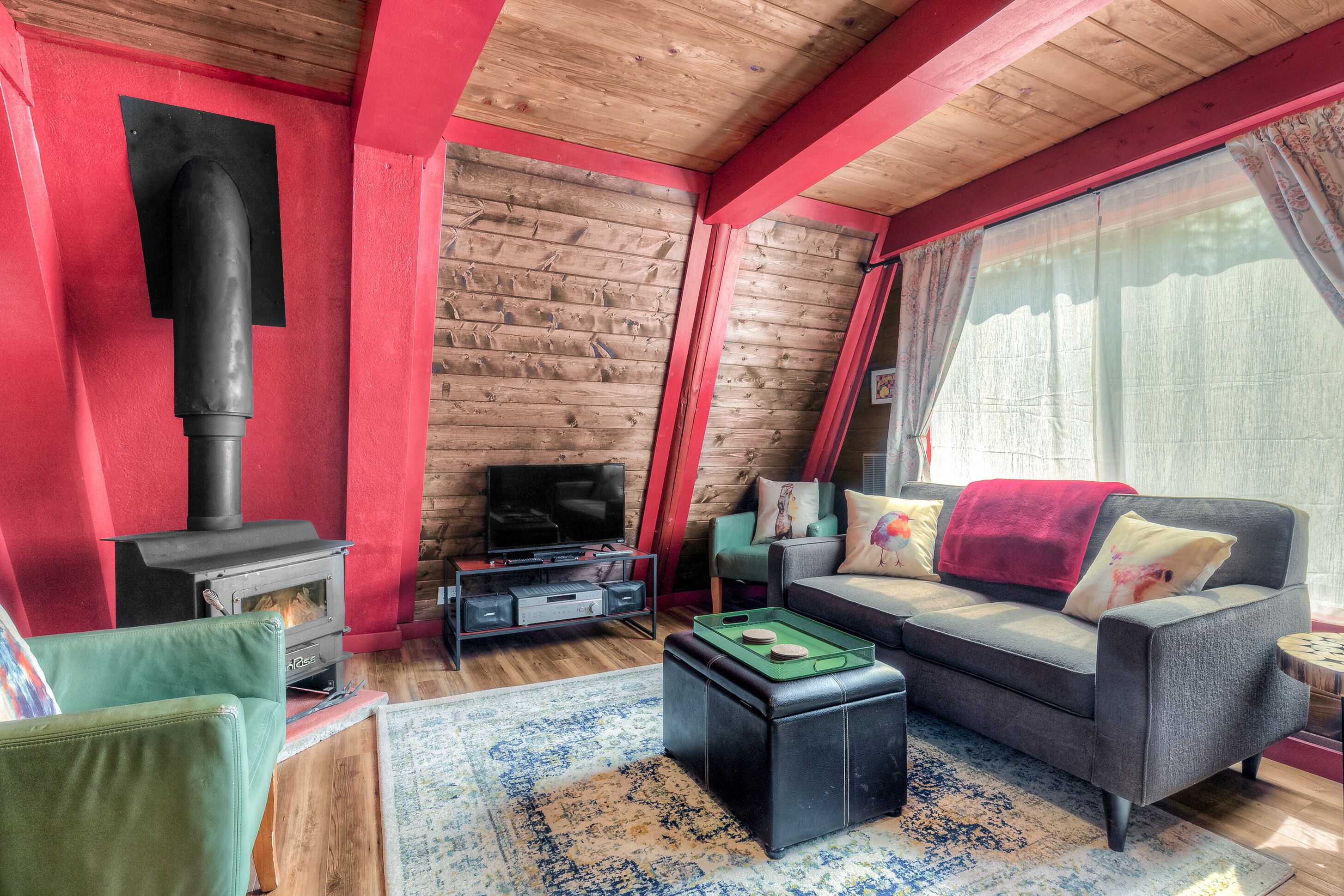 TV, fireplace, DVD player, video library